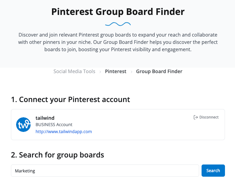 screenshot of Tailwind's group board finder tool