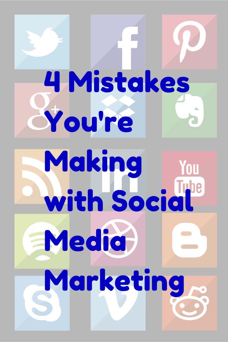 Text reading “4 mistakes you’re making with social media marketing” appears over faded icons of Twitter, Facebook, Pinterest, Google+, Evernote, YouTube, LinkedIn, and Reddit on a gray background.