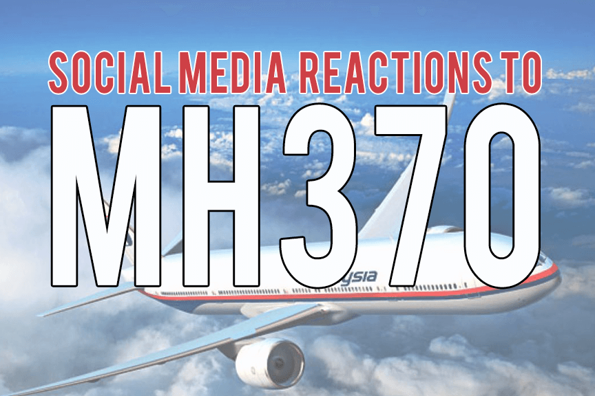 An airplane labeled “Malaysia” soars above the clouds, with bold text in front reading “Social Media Reactions to MH370,” highlighting online responses to the missing flight.