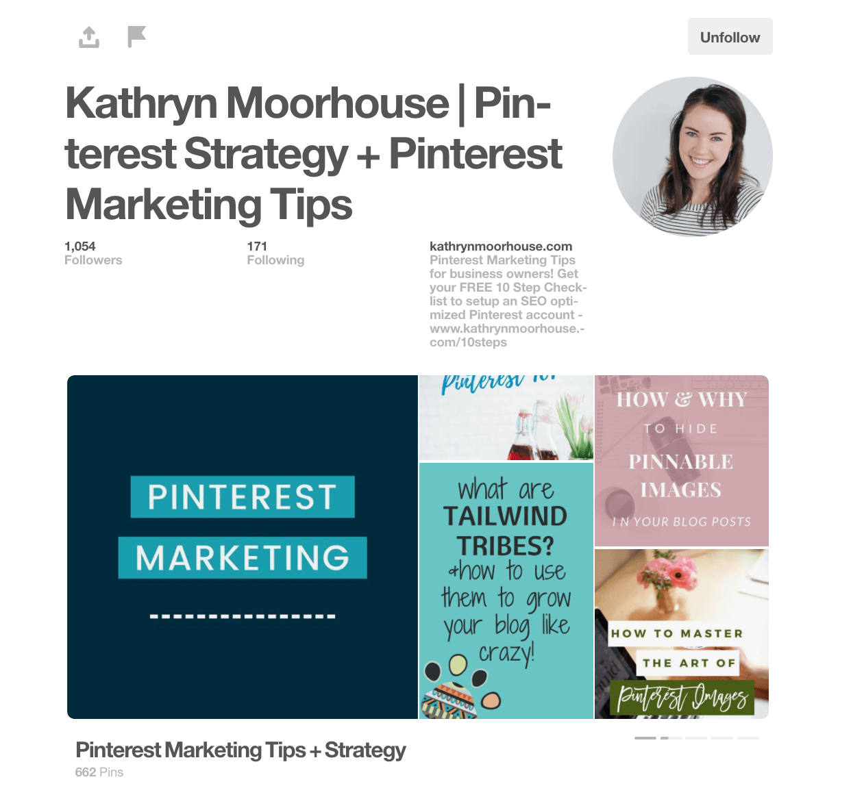 A Pinterest profile for Kathryn Moorhouse displays her photo, follower stats, and Pinterest marketing tips. Four pins on Pinterest strategy and pinterest marketing strategy secrets appear below her profile info.