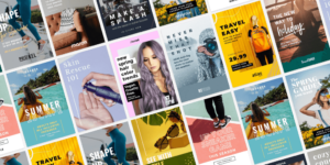 A grid of vibrant promotional posters featuring travel, fashion, hair care, fitness, and beauty themes—each designed with free templates to show how to make irresistible Pinterest images in seconds using bold text and colorful backgrounds.