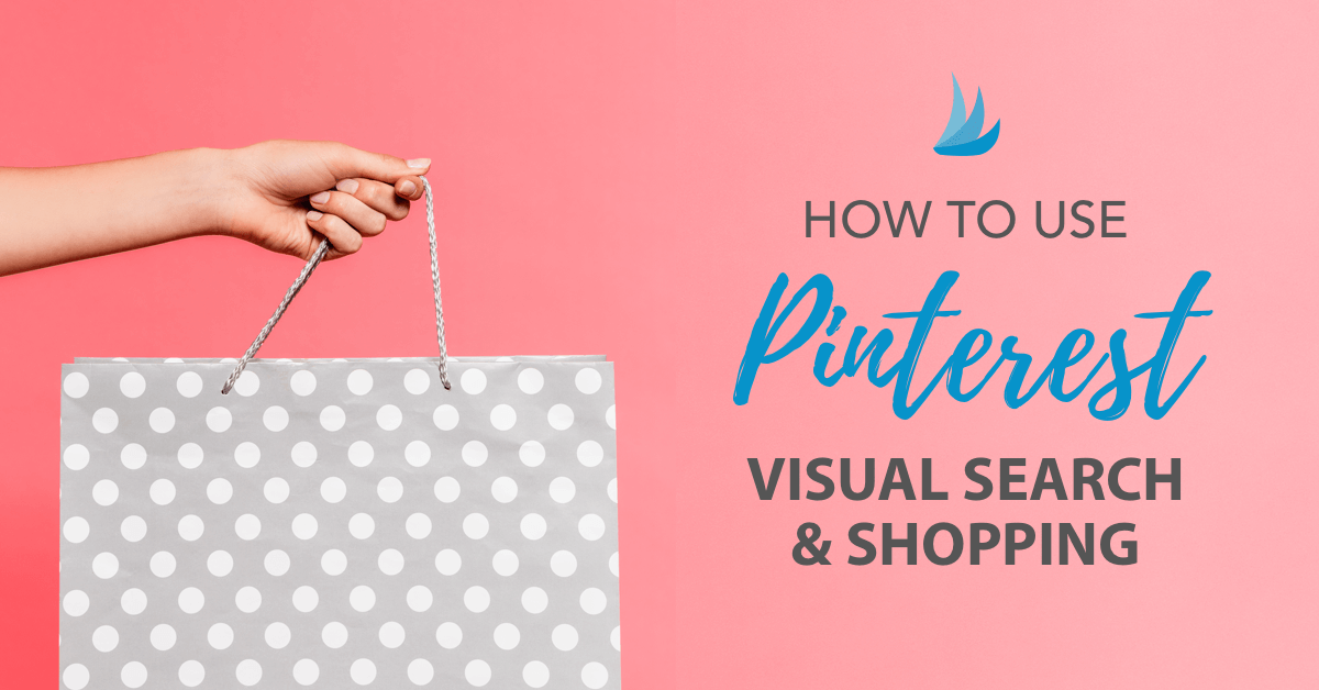 A hand holds a gray and white polka dot shopping bag against a pink background, with the text: "How to use Pinterest Visual Search & Shopping just in time for the holidays" beside a small blue bird logo.