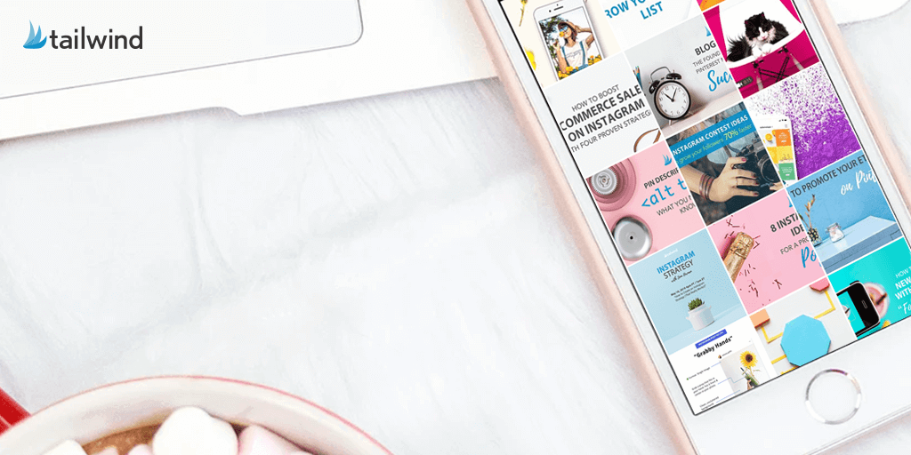 A smartphone displaying a colorful Instagram grid layout, perfect for instagram theme ideas 2020, rests on a white surface next to a bowl of marshmallows. The Tailwind logo appears in the top left corner.