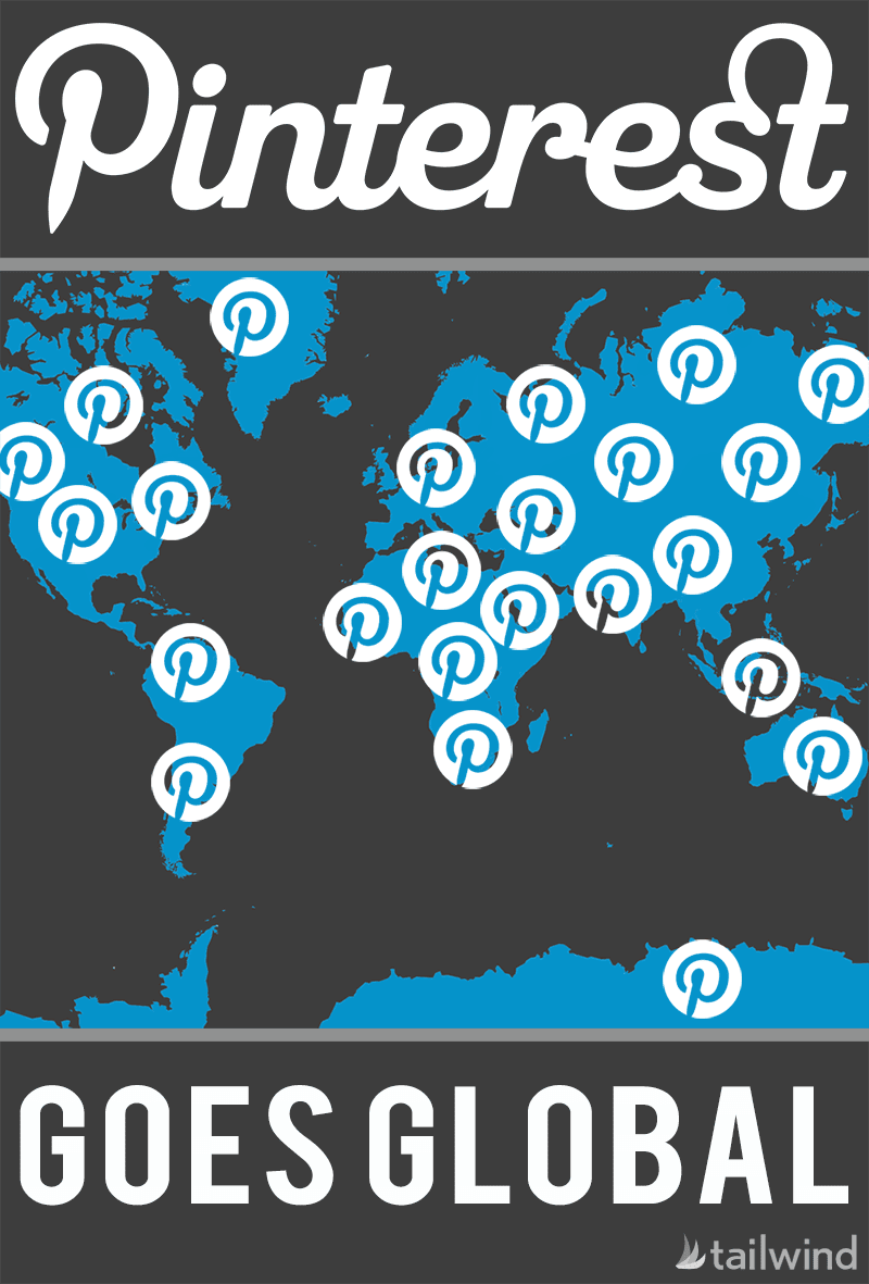 A world map with blue continents and white Pinterest logos highlighting global locations. The text reads "Pinterest Goes Global," showcasing Pinterest's international reach. Tailwind's logo appears at the bottom right.
