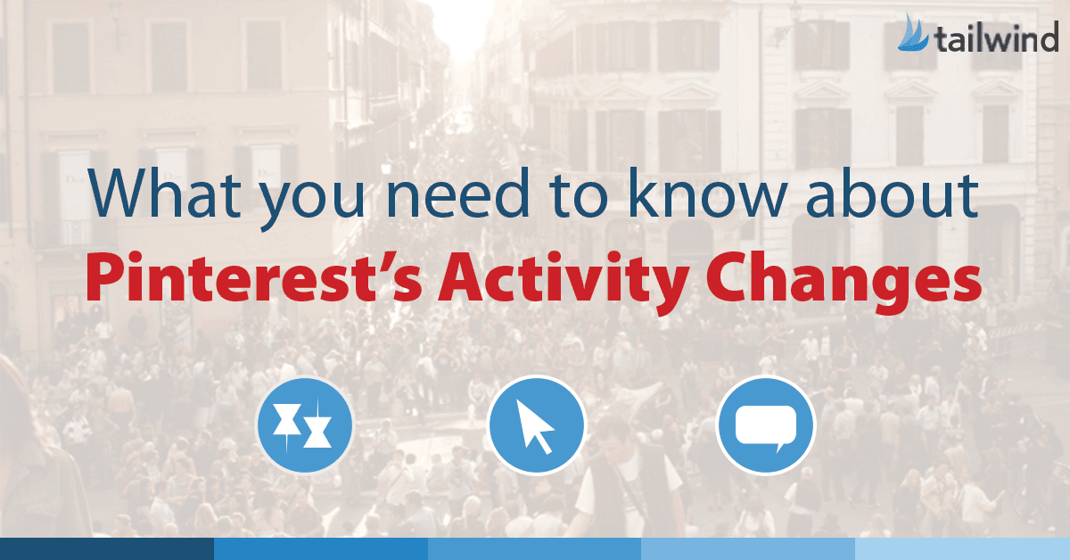 A crowded city street with overlaid text: "What you need to know about Pinterest’s Activity Changes." The Tailwind logo sits top right; bottom icons include refresh, cursor, and chat bubble, emphasizing what you need to know about Pinterest’s activity changes.