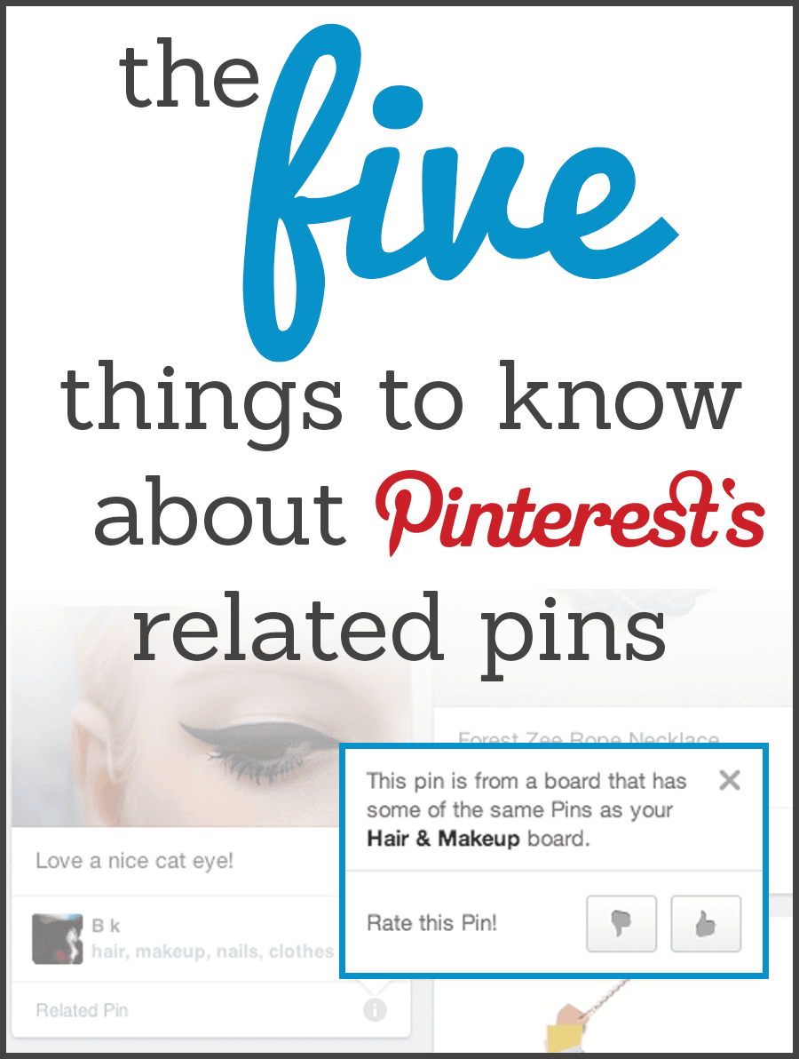 Text graphic titled "the five things to know about Pinterest's Related Pins" with a blurred background showing a Pinterest pin featuring a cat eye makeup look and a pop-up about rating pins—ideal tips for boosting your Pinterest marketing strategy.