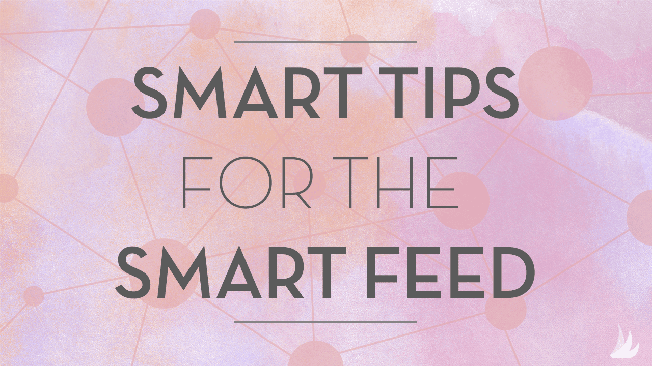 Text reads "Smart Tips for the Pinterest Smart Feed" on a pink and purple abstract background with interconnected circles and a small white bird logo in the bottom right corner.