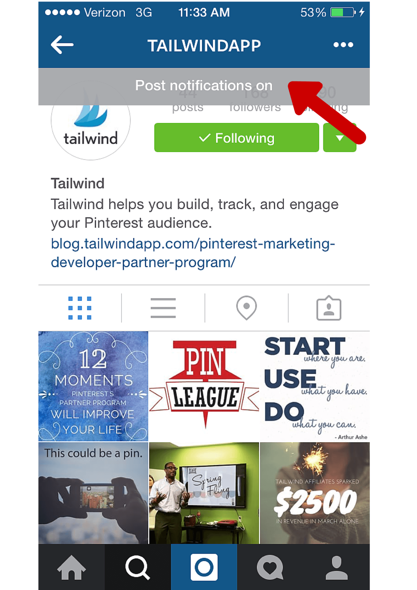 Instagram profile for Tailwind is shown on a phone screen. A red arrow points to a banner that says "Post notifications on," highlighting how Instagram post notification helps brands stay updated with the latest posts and enhance their Instagram marketing strategy.