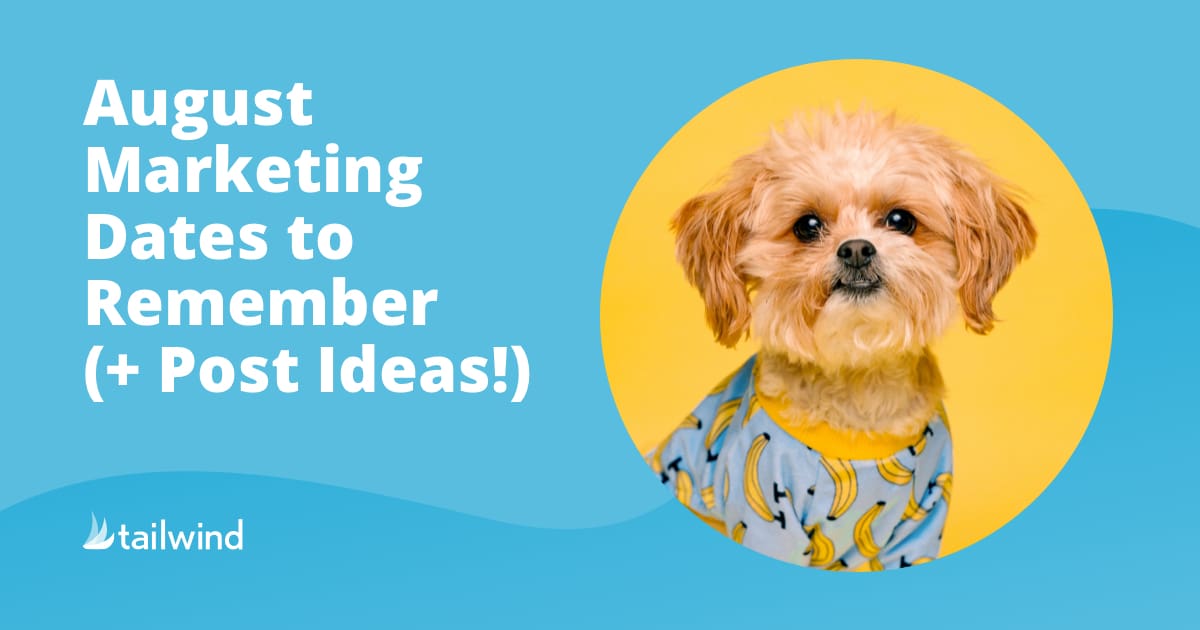 Graphic with text "August Marketing Dates to Remember (+ Post Ideas!)" beside a small dog in a banana-print shirt on a yellow background, with the Tailwind logo in the corner—perfect for your next Pinterest marketing plan.