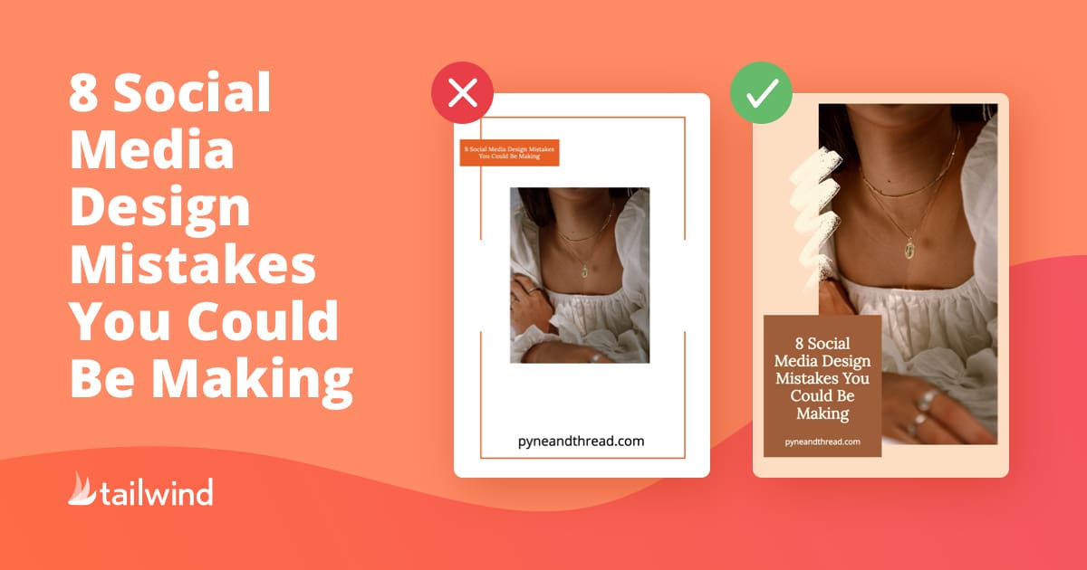 Graphic comparing two social media post designs; left shows a poorly designed post with a red X, while the right shows an appealing post with a green check. Great for those interested in Pinterest marketing—avoid these 8 social media design mistakes!.