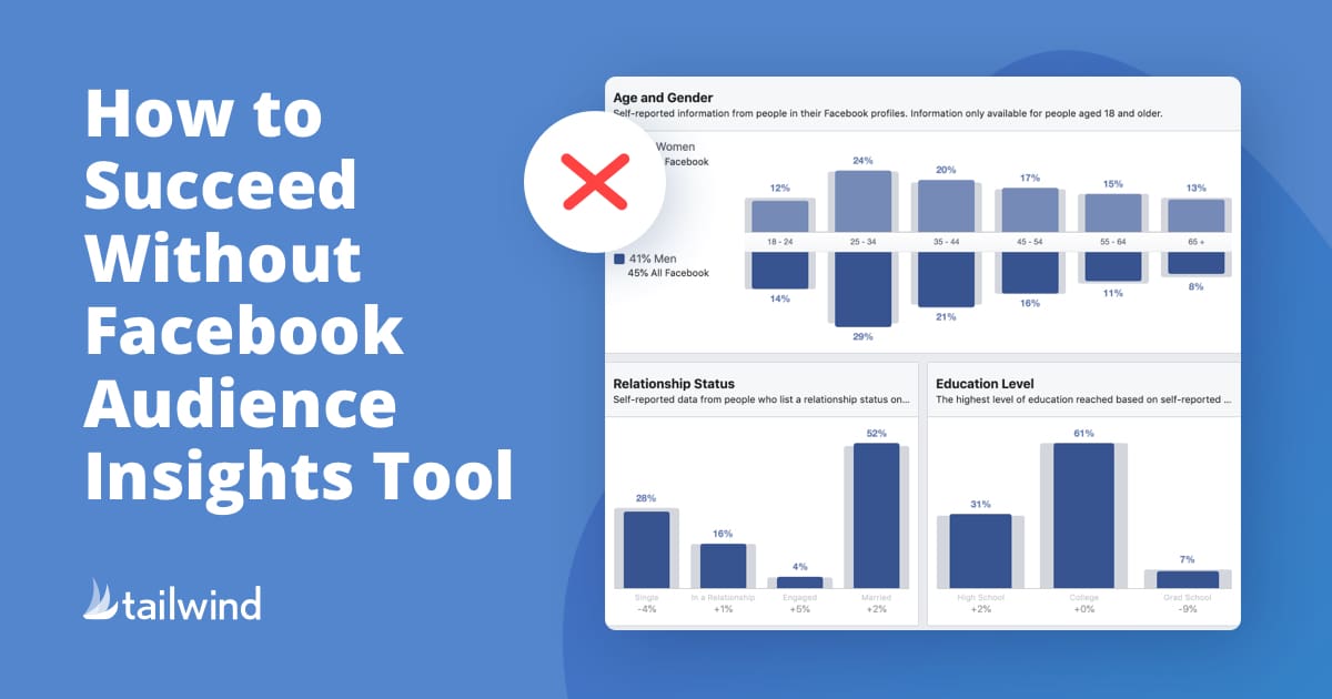 A graphic with Facebook analytics charts and graphs, titled "How to Succeed Without Facebook Audience Insights Tool," featuring Tailwind branding, pinterest scheduler tips, and a red X over an age and gender distribution chart.
