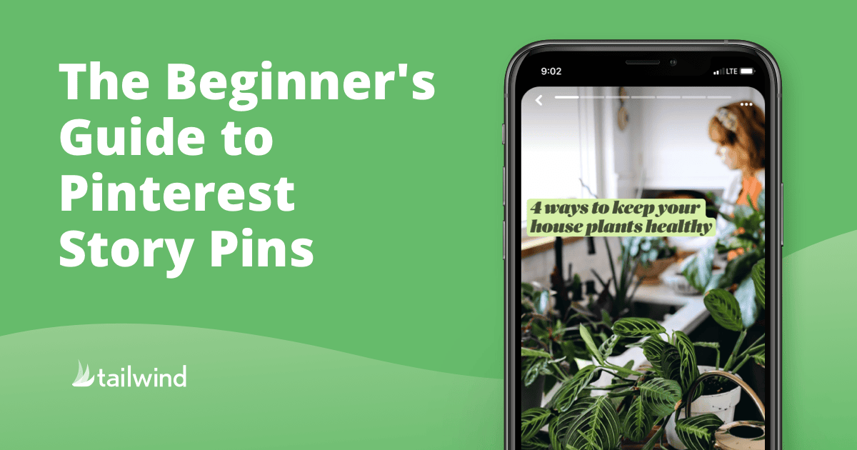 A graphic with the text "The Beginner's Guide to Pinterest Story Pins" beside a smartphone displaying a pinterest story pin about keeping house plants healthy. The background is green with the Tailwind logo at the bottom left.