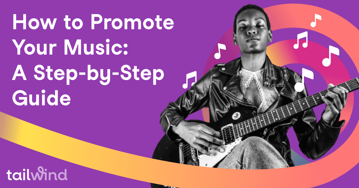 A person in a leather jacket plays an electric guitar against a vibrant background with colorful swirls and music notes. Text reads, "How to Promote Your Music: A Step-by-Step Guide with Pinterest marketing tips.
