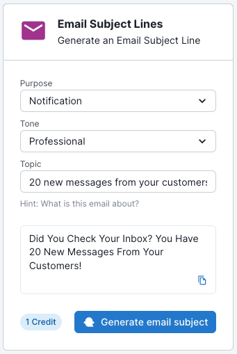 Screenshot of Ghostwriter AI notification email generator