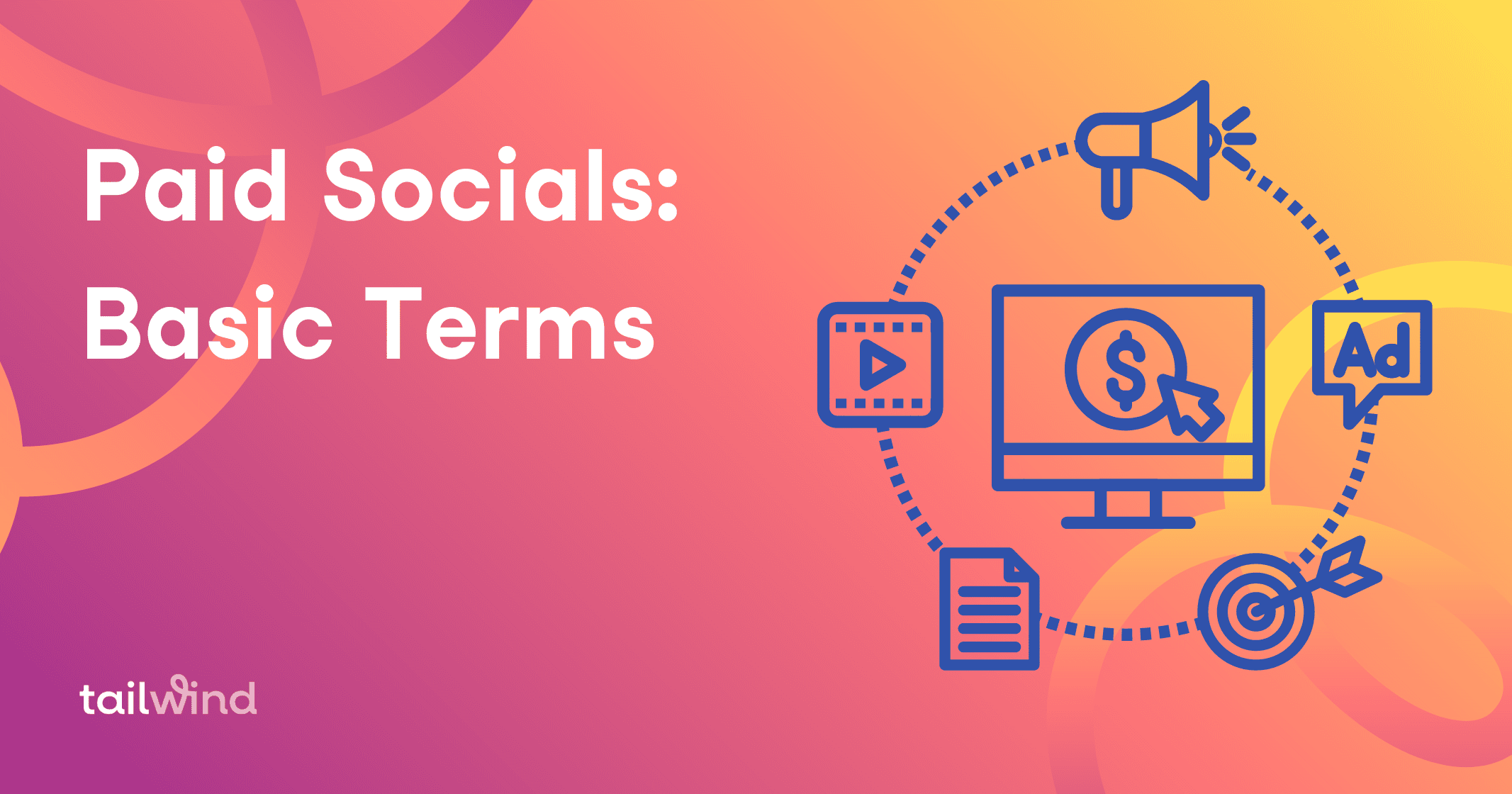 Graphic of different icons related to ecommerce on a magenta and orange background with the blog post title and tailwind logo in white font.