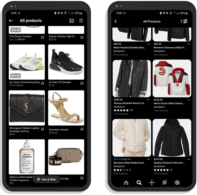 Two images of smartphone screens showing thumbnails of products from Nordstrom