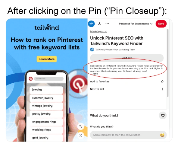Image showing a Pinterest marketing ad with two sections. Left side: A smartphone displaying keyword list like 'jewelry' and 'wedding rings' against a blue background. Right side: A description explaining the benefits of using Tailwind’s Keyword Finder to enhance Pinterest SEO. The tone is informative and promotional.