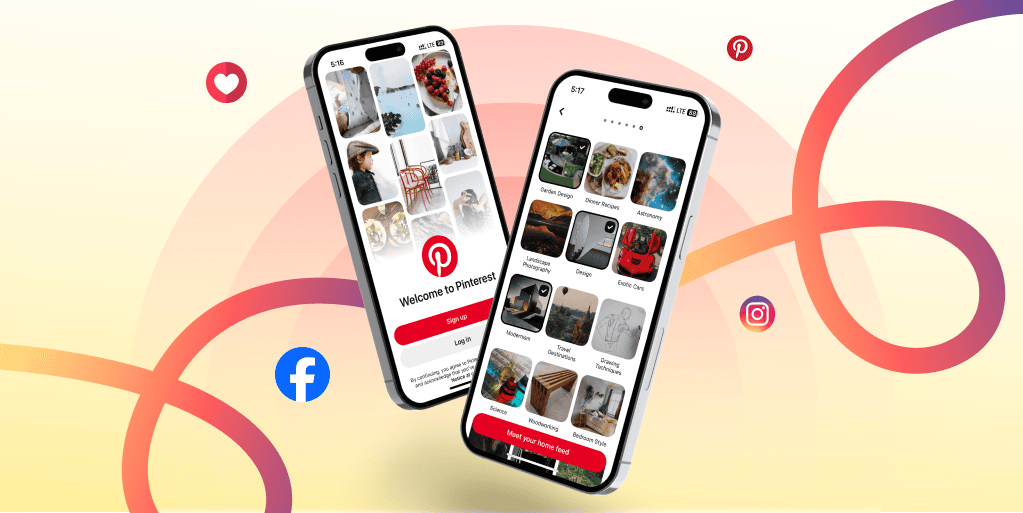 Two smartphones display Pinterest interfaces against a dynamic background with Facebook and Instagram logos, suggesting connectivity. Tone: modern, engaging.