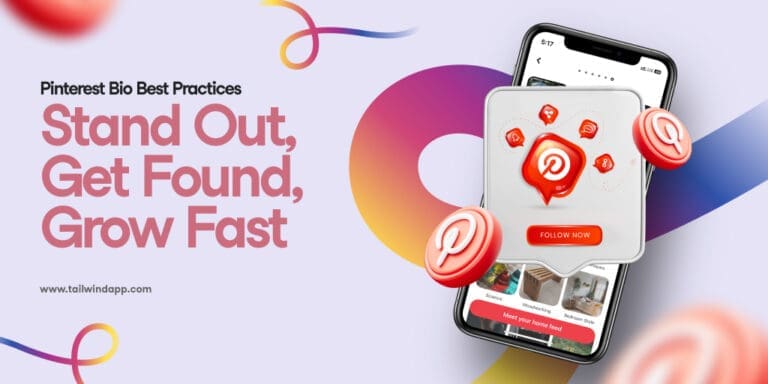 Advertisement for Pinterest bio tips with the text 'Stand Out, Get Found, Grow Fast.' Features a phone displaying Pinterest app icons.