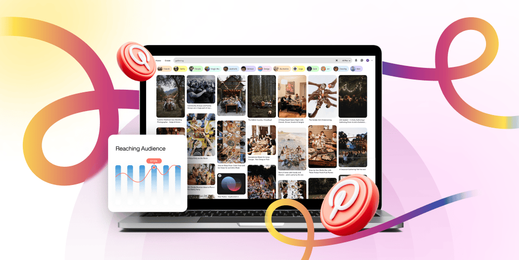 An open laptop screen showing a Pinterest home page with overlays of a graphic called "Reaching Audience" and pinterest logos.