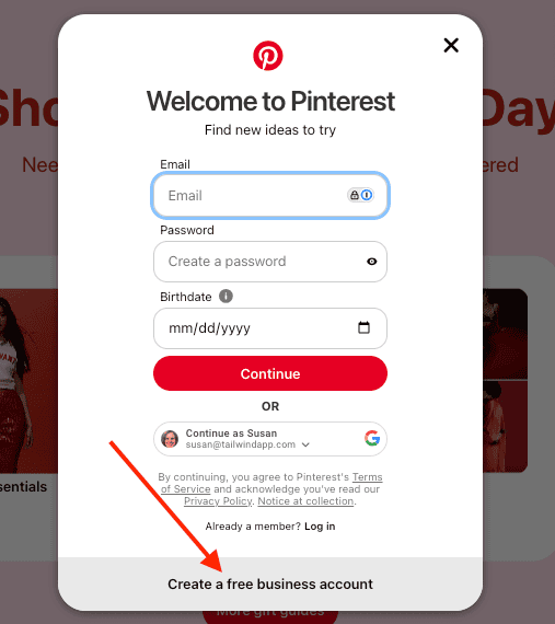 Screenshot of the "Welcome to Pinterest" page on pinterest.com with a red arrow pointing to the text at the bottom that says "Create a free business account."