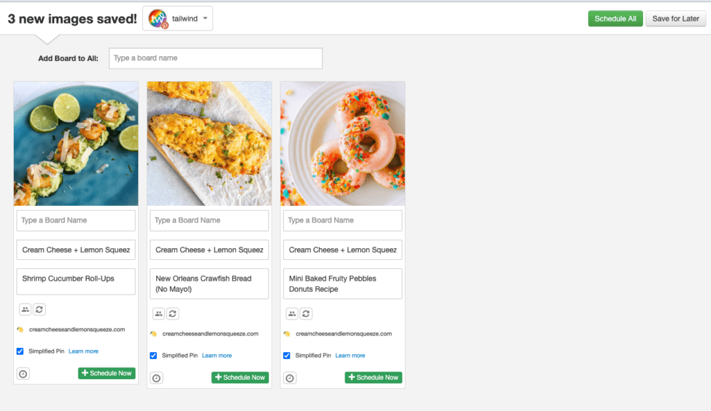 Screenshot of the three selected Pins with the option to add them to a board with two buttons in the upper right corner: "Schedule All" and "Save for Later"