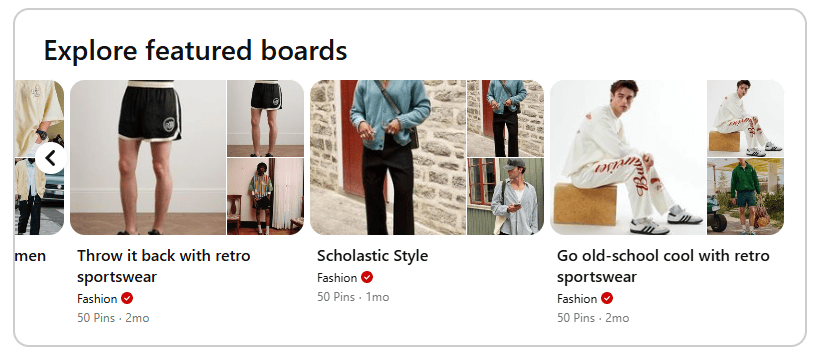Collage of Pinterest fashion boards featuring retro sportswear and scholastic styles. Images include shorts, sweaters, and model poses with nostalgic flair.