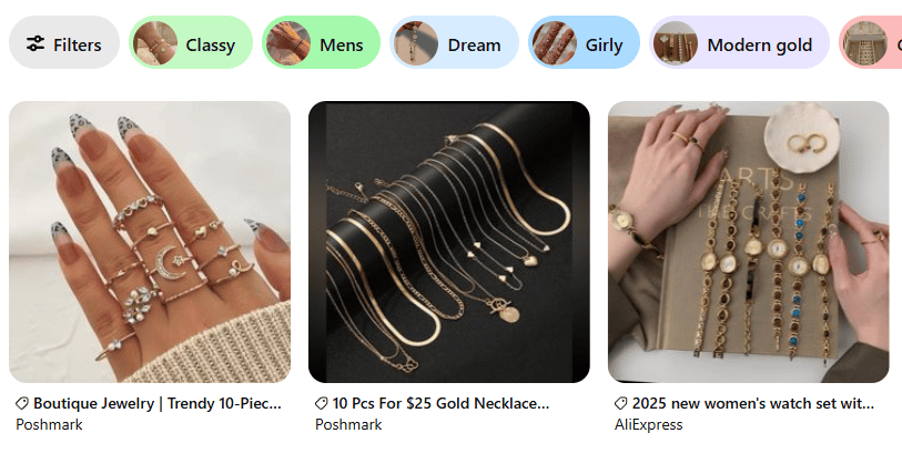 Pinterest search results showing a collage of jewelry images and several subcategory suggestions such as classy, mens, and dream. Left image shows: hands with multiple rings. Center: gold necklaces on a black background. Right: hands with many watches displayed on a book.
