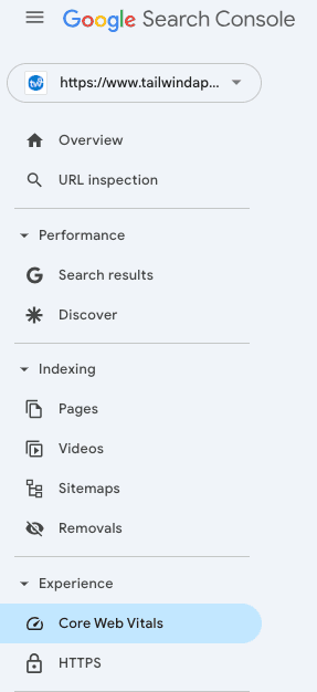 Dashboard of Google Search Console showing site URL with sidebar options, some of which are: Overview, Performance, Indexing, Experience, and Core Web Vitals, which is highlighted.