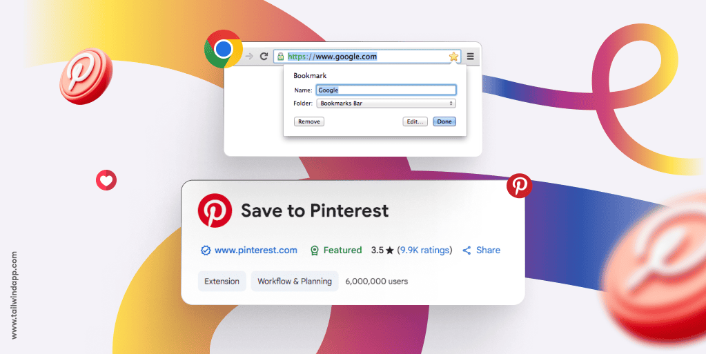 Images of a Chrome bookmark dropdown menu, Pinterest's Chrome extension, and several Pinterest logos against a light pink background with large multicolored swirls.