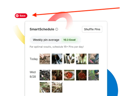SmartSchedule dashboard showing a weekly pin average of 10.3 labeled 'Good.' Displays a grid of nature-themed images scheduled to be pinned. A red arrow highlights a Pinterest Save button in the upper left corner.