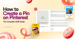 Pinterest's Pin creation interface showing blank fields for title, description, url, and board on a pale yellow background. Around the image are a couple of example Pins, the blog post title, Tailwind url (www.tailwindapp.com), Pinterest logos and red gradient swirls.