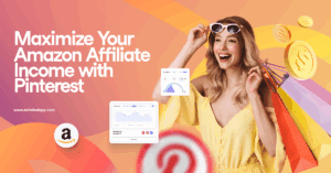 Image of a smiling woman carrying multicolor shopping bags on a light orange background. Around the image are graphs showing marketing analytics and profit, the blog post title, Tailwind url (www.tailwindapp.com), an Amazon logo, and Pinterest logos.