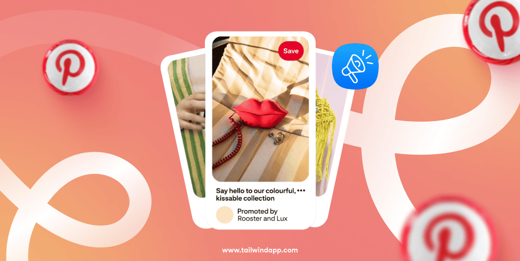 Three Pin images showing products to sell on a salmon background with white swirls. Around the images are the Tailwind url (www.tailwindapp.com) and Pinterest logos.