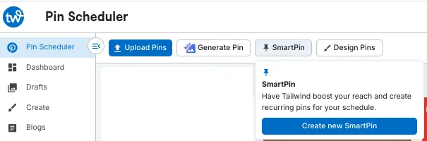 Screenshot of Tailwind’s Pin Scheduler interface showing options to Upload Pins, Generate Pin, and SmartPin, with SmartPin option chosen and a drop-down menu showing "Create new SmartPin."