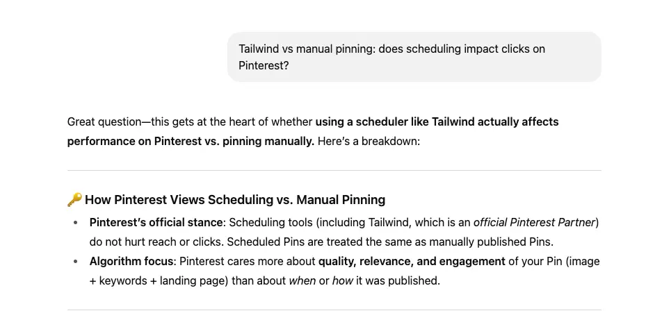 Screenshot of ChatGPT response to question "Tailwind vs Manual pinning: does scheduling impact clicks on Pinterest?" Answer highlights that scheduled Pins perform the same as manual Pins.