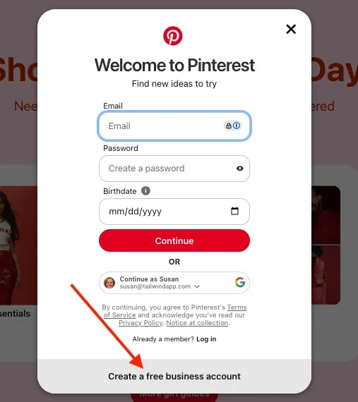 Pinterest Account signup form with a red arrow highlighting a link at the bottom to create a free business account.
