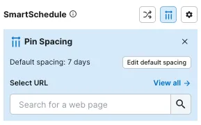 Tailwind SmartSchedule Pin Spacing tool showing a default spacing of 7 days with an option to edit and search for a web page URL.