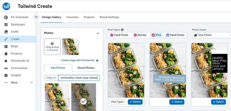 Screenshot of the Tailwind Create dashboard displaying multiple Pinterest design templates for healthy meal prep ideas.
