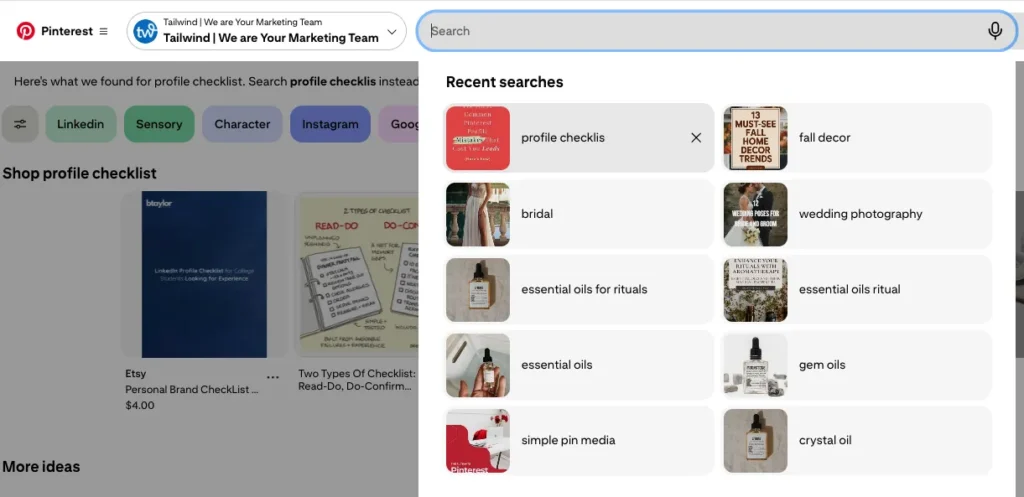 Pinterest search screen with recent searches displayed, including terms like profile checklist, bridal, essential oils, and fall decor.