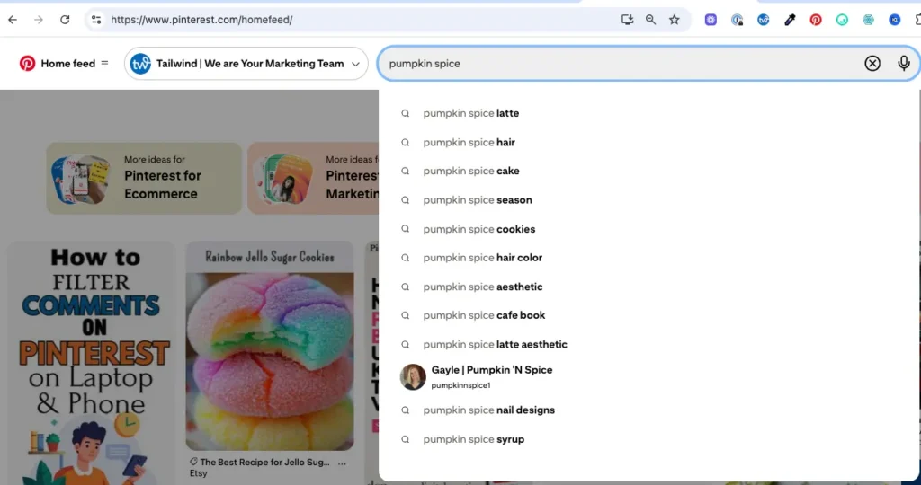 Pinterest search interface displaying results for "pumpkin spice." List includes "latte," "hair," and "cake."