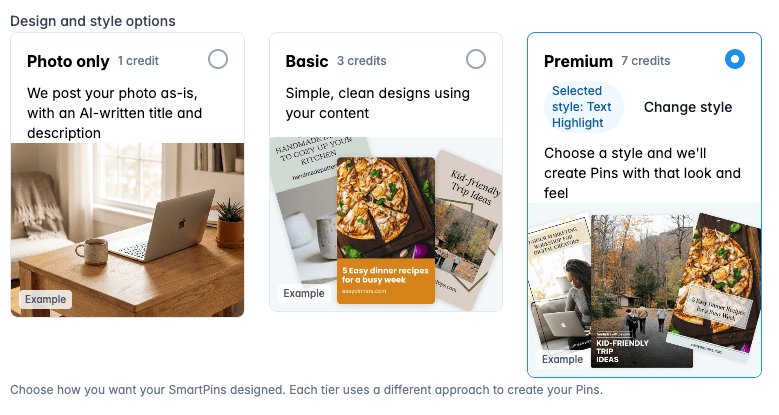 SmartPin design and style options in Tailwind: Photo only, Basic and Premium