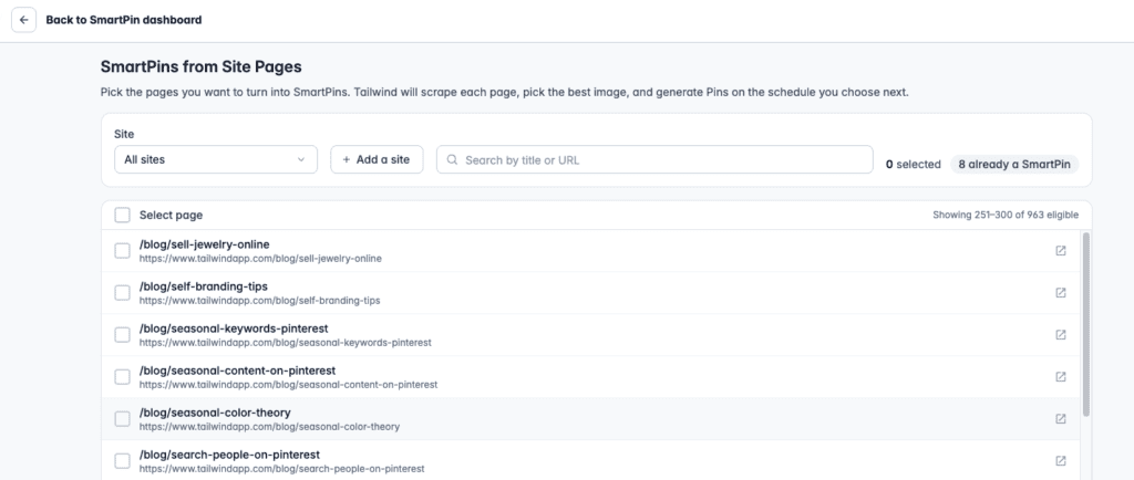SmartPins from Site Pages screen in Tailwind, listing a site's pages to select and turn into SmartPins in bulk