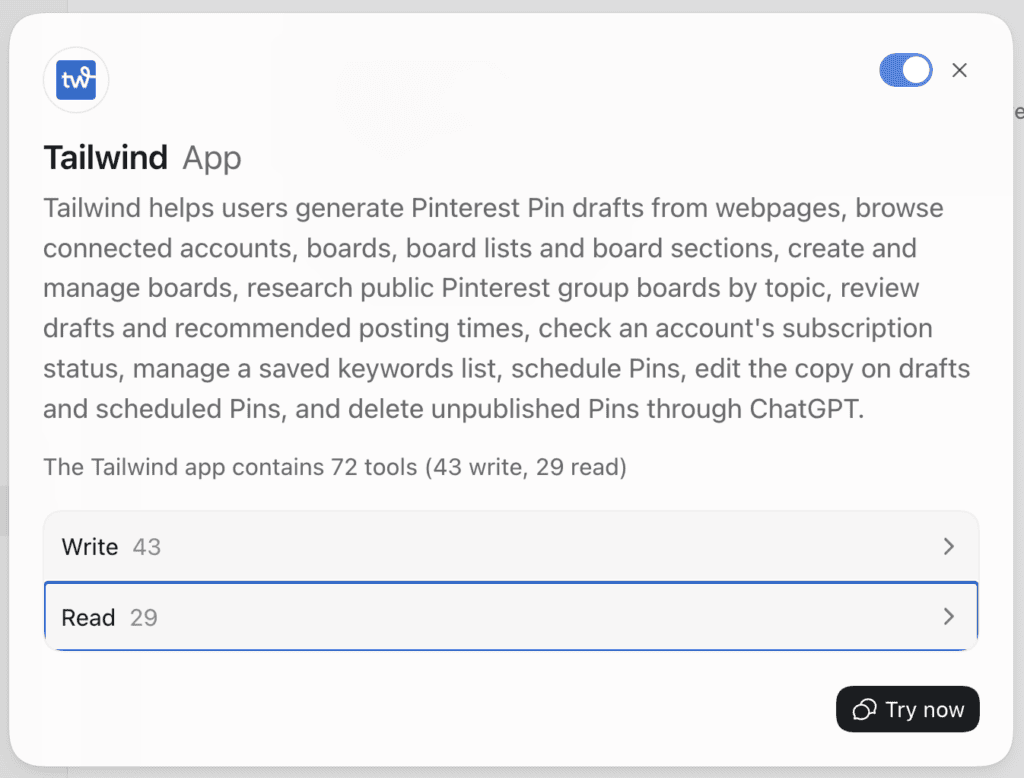 The Tailwind app listing in ChatGPT showing 72 tools, 43 write and 29 read
