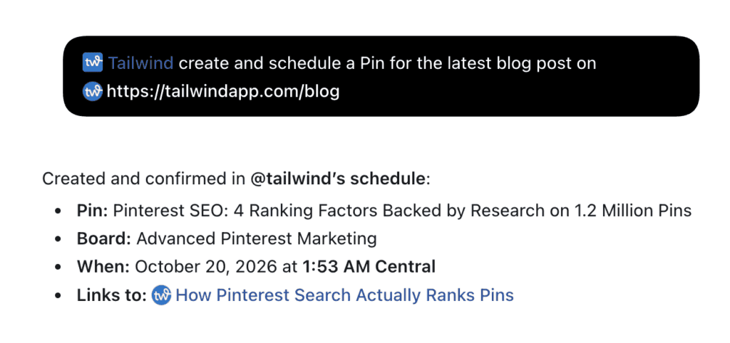 ChatGPT prompt asking Tailwind to create and schedule a Pin for a blog post, and the confirmation showing Pin title, board, time and link